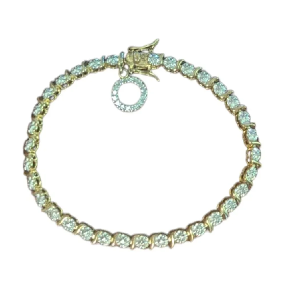 Gold Plated CZ Diamond Tennis Bracelet Sterling Silver Halo Charm‎ Statement